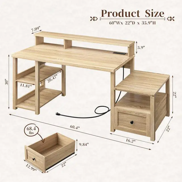 Alt view image 2 of 6 - 60.4" Farmhouse Computer Desk with Printer Shelf & Power Outlet, Home Office Desk with LED Light, Drawer, Monitor Stand, Study Desk, Work Desk for Home, Bedroom, Natural Oak Finish