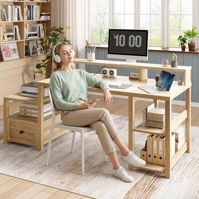 Alt view image 3 of 6 - 60.4" Farmhouse Computer Desk with Printer Shelf & Power Outlet, Home Office Desk with LED Light, Drawer, Monitor Stand, Study Desk, Work Desk for Home, Bedroom, Natural Oak Finish