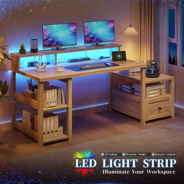 Alt view image 5 of 6 - 60.4" Farmhouse Computer Desk with Printer Shelf & Power Outlet, Home Office Desk with LED Light, Drawer, Monitor Stand, Study Desk, Work Desk for Home, Bedroom, Natural Oak Finish