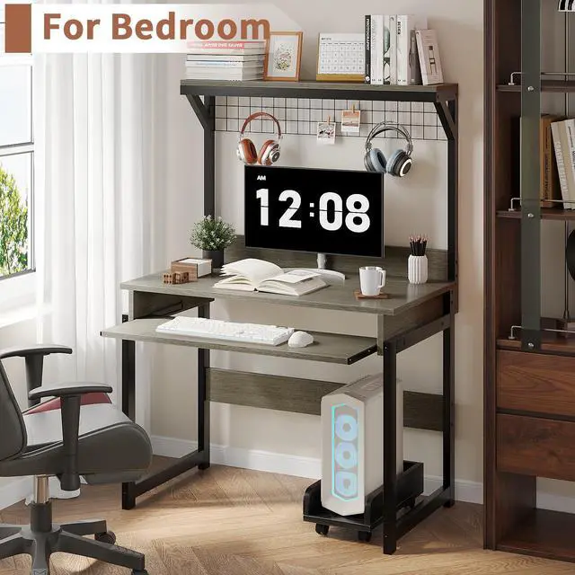 Alt view image 2 of 6 - 31.5" Small Computer Desk with Hutch, Office Desk Study Table Writing Desk Workstation PC Table for Home Office, Space Saving Design