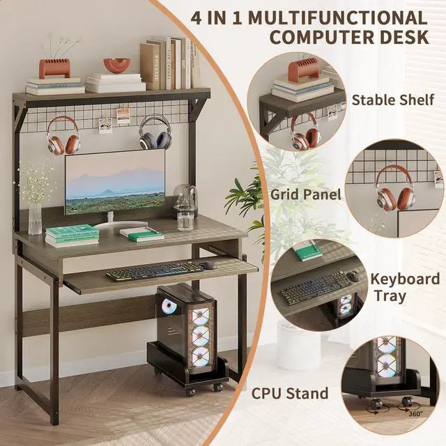 Alt view image 4 of 6 - 31.5" Small Computer Desk with Hutch, Office Desk Study Table Writing Desk Workstation PC Table for Home Office, Space Saving Design