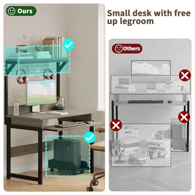 Alt view image 5 of 6 - 31.5" Small Computer Desk with Hutch, Office Desk Study Table Writing Desk Workstation PC Table for Home Office, Space Saving Design