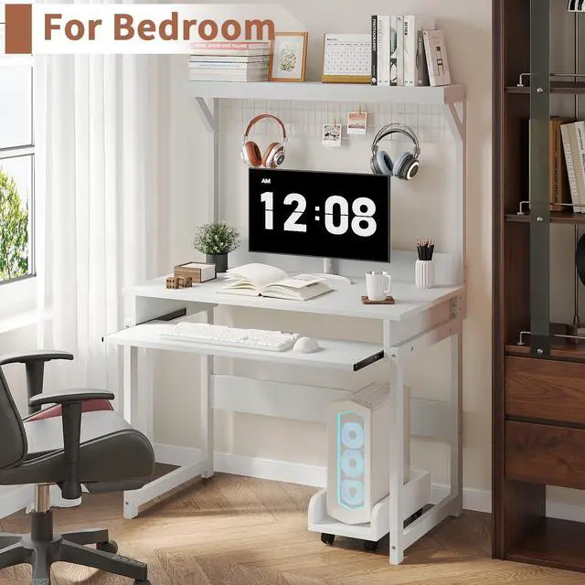 Alt view image 2 of 6 - 31.5" Small Computer Desk with Hutch, Office Desk with Workstation PC Table, Keyboard Tray & Storage for Gaming, Working, Studying, Space-Saving Design, Easy Assembly,White