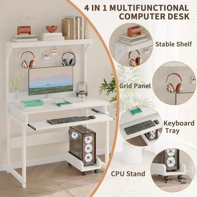 Alt view image 4 of 6 - 31.5" Small Computer Desk with Hutch, Office Desk with Workstation PC Table, Keyboard Tray & Storage for Gaming, Working, Studying, Space-Saving Design, Easy Assembly,White
