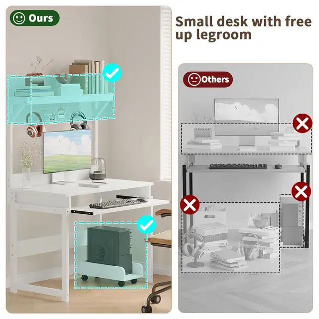 Alt view image 5 of 6 - 31.5" Small Computer Desk with Hutch, Office Desk with Workstation PC Table, Keyboard Tray & Storage for Gaming, Working, Studying, Space-Saving Design, Easy Assembly,White