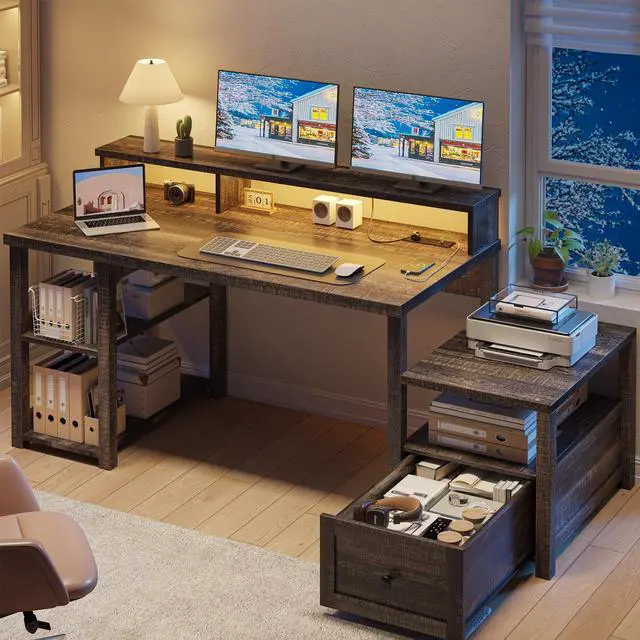 Main image of 60.4" Home Office Desk with Power Outlet & Printer Shelf, Computer Desk with LED Light, Monitor Stand, Drawer & Storage Shelves, Farmhouse Study Desk for Bedroom & Dorm, Dark Rustic Oak