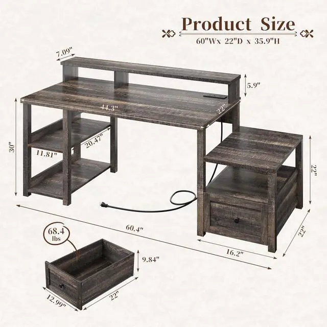 Alt view image 2 of 6 - 60.4" Home Office Desk with Power Outlet & Printer Shelf, Computer Desk with LED Light, Monitor Stand, Drawer & Storage Shelves, Farmhouse Study Desk for Bedroom & Dorm, Dark Rustic Oak