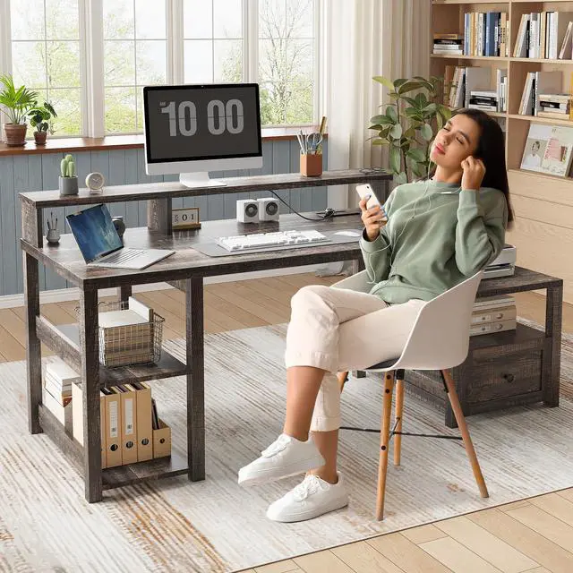 Alt view image 3 of 6 - 60.4" Home Office Desk with Power Outlet & Printer Shelf, Computer Desk with LED Light, Monitor Stand, Drawer & Storage Shelves, Farmhouse Study Desk for Bedroom & Dorm, Dark Rustic Oak