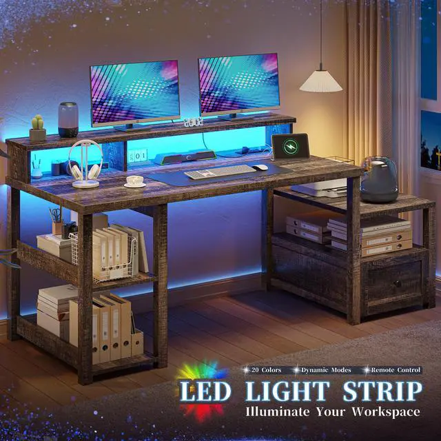 Alt view image 5 of 6 - 60.4" Home Office Desk with Power Outlet & Printer Shelf, Computer Desk with LED Light, Monitor Stand, Drawer & Storage Shelves, Farmhouse Study Desk for Bedroom & Dorm, Dark Rustic Oak