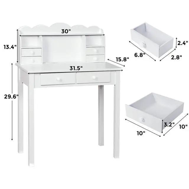 Alt view image 2 of 6 - Small White Writing Desk with Hutch and USB Ports, 31.5 inch Home Office Desk with Drawers, Study Table for Kids/Student, Makeup Dressing Table Save Space Gifts