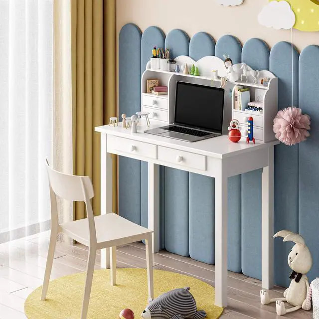 Alt view image 3 of 6 - Small White Writing Desk with Hutch and USB Ports, 31.5 inch Home Office Desk with Drawers, Study Table for Kids/Student, Makeup Dressing Table Save Space Gifts