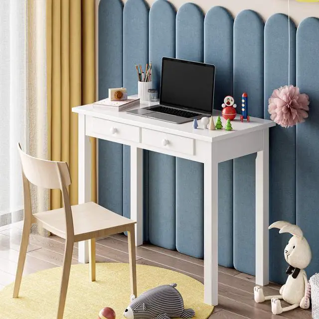 Alt view image 4 of 6 - Small White Writing Desk with Hutch and USB Ports, 31.5 inch Home Office Desk with Drawers, Study Table for Kids/Student, Makeup Dressing Table Save Space Gifts