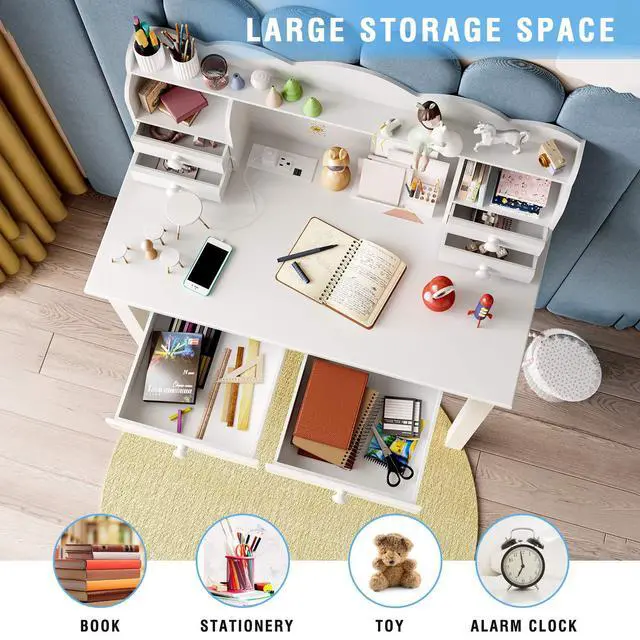 Alt view image 6 of 6 - Small White Writing Desk with Hutch and USB Ports, 31.5 inch Home Office Desk with Drawers, Study Table for Kids/Student, Makeup Dressing Table Save Space Gifts