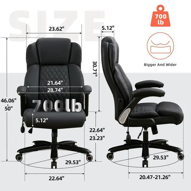 Alt view image 2 of 6 - 700lbs Big and Tall Office Chair - Heavy Duty Executive Desk Chair with Inflatable Lumbar Support, Extra Wide Padded Seat, Flip-up Arms, Metal Base & Quiet Rubber Wheels, High Back Ergonomic Chair