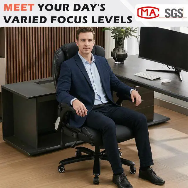 Alt view image 3 of 6 - 700lbs Big and Tall Office Chair - Heavy Duty Executive Desk Chair with Inflatable Lumbar Support, Extra Wide Padded Seat, Flip-up Arms, Metal Base & Quiet Rubber Wheels, High Back Ergonomic Chair