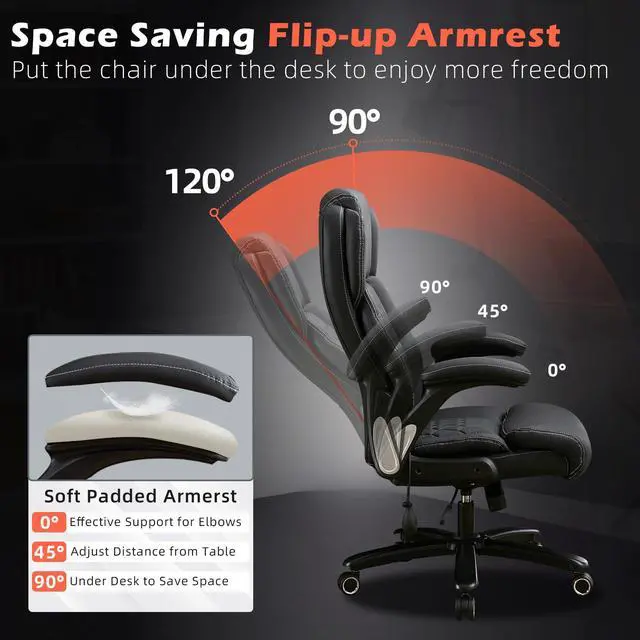 Alt view image 6 of 6 - 700lbs Big and Tall Office Chair - Heavy Duty Executive Desk Chair with Inflatable Lumbar Support, Extra Wide Padded Seat, Flip-up Arms, Metal Base & Quiet Rubber Wheels, High Back Ergonomic Chair