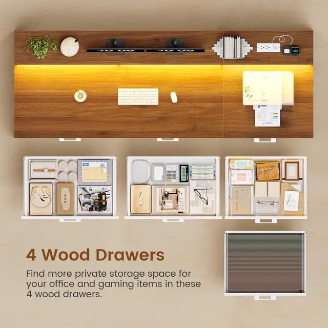Alt view image 3 of 6 - Farmhouse Home Office Desk with File Drawer & Power Outlet, Computer Desk with 4 Drawer, Storage Shelves, Printer Cabinet and Monitor Shelf, Gaming Desk with Led Lights, White Brown
