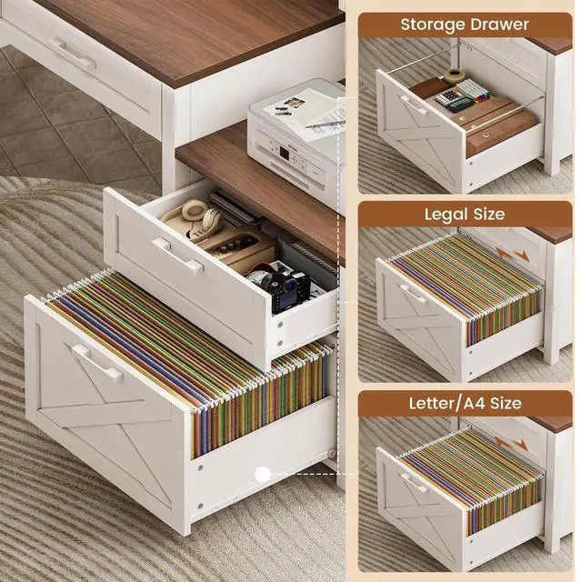 Alt view image 4 of 6 - Farmhouse Home Office Desk with File Drawer & Power Outlet, Computer Desk with 4 Drawer, Storage Shelves, Printer Cabinet and Monitor Shelf, Gaming Desk with Led Lights, White Brown