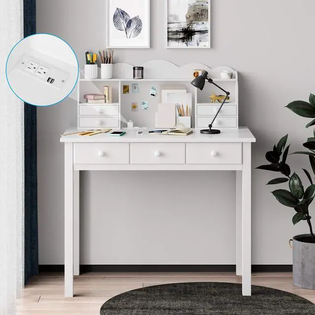Main image of Writing Desk with USB Port, Home Office Desk with Drawers and Hutch, 36.2" Study Table Computer Desk for Student/Adults, Computer Work Station with Storage Shelf, 7 Drawers, White