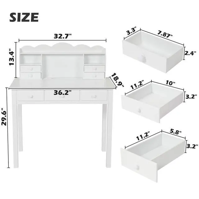 Alt view image 2 of 6 - Writing Desk with USB Port, Home Office Desk with Drawers and Hutch, 36.2" Study Table Computer Desk for Student/Adults, Computer Work Station with Storage Shelf, 7 Drawers, White