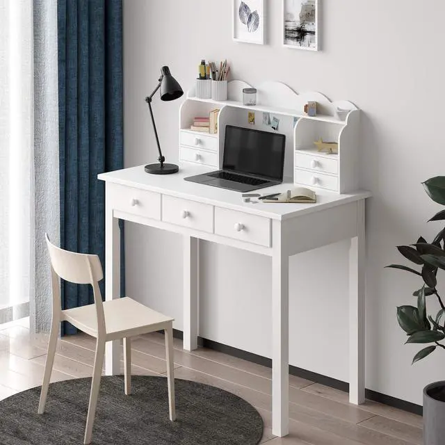 Alt view image 3 of 6 - Writing Desk with USB Port, Home Office Desk with Drawers and Hutch, 36.2" Study Table Computer Desk for Student/Adults, Computer Work Station with Storage Shelf, 7 Drawers, White