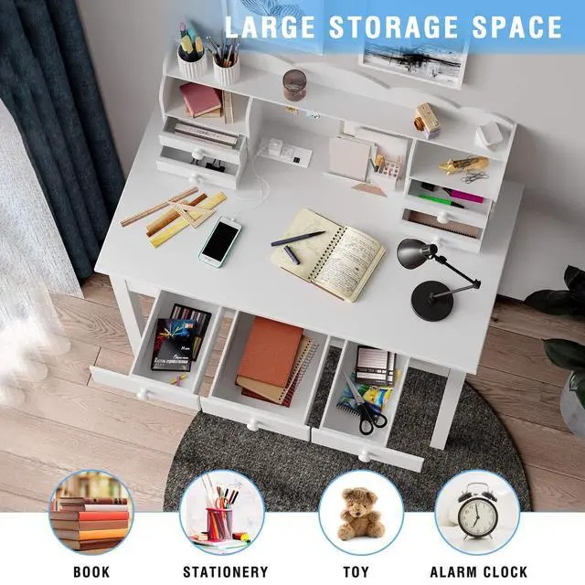 Alt view image 4 of 6 - Writing Desk with USB Port, Home Office Desk with Drawers and Hutch, 36.2" Study Table Computer Desk for Student/Adults, Computer Work Station with Storage Shelf, 7 Drawers, White
