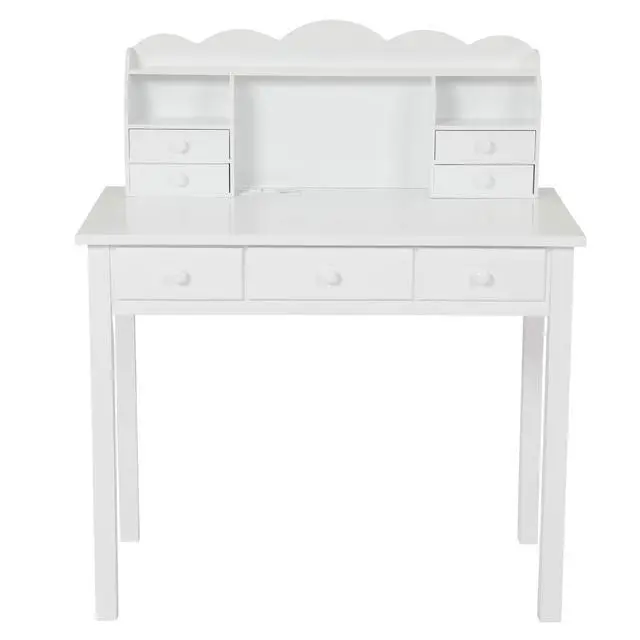 Alt view image 5 of 6 - Writing Desk with USB Port, Home Office Desk with Drawers and Hutch, 36.2" Study Table Computer Desk for Student/Adults, Computer Work Station with Storage Shelf, 7 Drawers, White