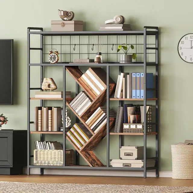 Main image of Triple 5-Tier Bookshelf, Industrial Large Bookcase with 14 Open Display Shelves, Modern Tree Bookcase with Metal Frame and Hanging Function for Living Room, Home Office, Rustic Brown and Black