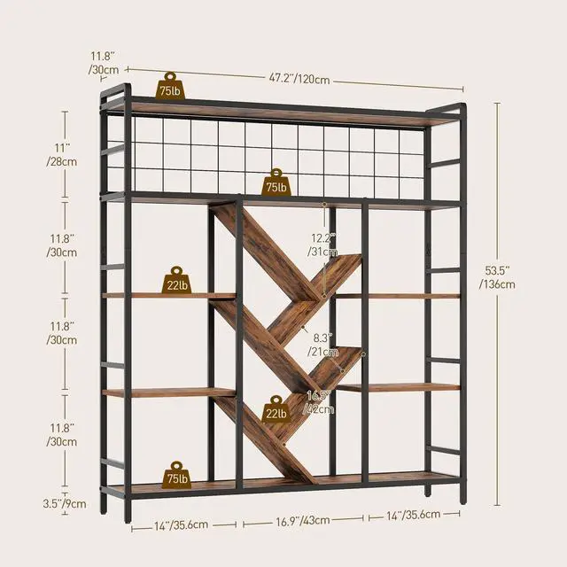 Alt view image 2 of 6 - Triple 5-Tier Bookshelf, Industrial Large Bookcase with 14 Open Display Shelves, Modern Tree Bookcase with Metal Frame and Hanging Function for Living Room, Home Office, Rustic Brown and Black