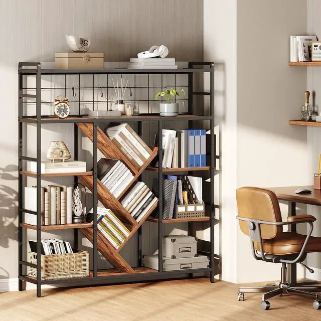 Alt view image 3 of 6 - Triple 5-Tier Bookshelf, Industrial Large Bookcase with 14 Open Display Shelves, Modern Tree Bookcase with Metal Frame and Hanging Function for Living Room, Home Office, Rustic Brown and Black