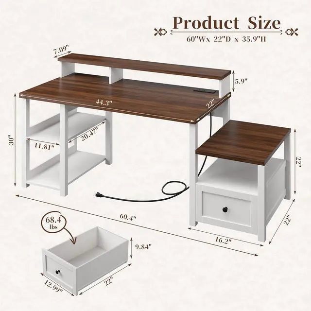 Alt view image 2 of 6 - 60.4" Home Office Desk with Power Outlet & Printer Shelf, Computer Desk with LED Light, Monitor Stand, Drawer & Storage Shelves, Farmhouse Study Desk for Bedroom & Dorm, White