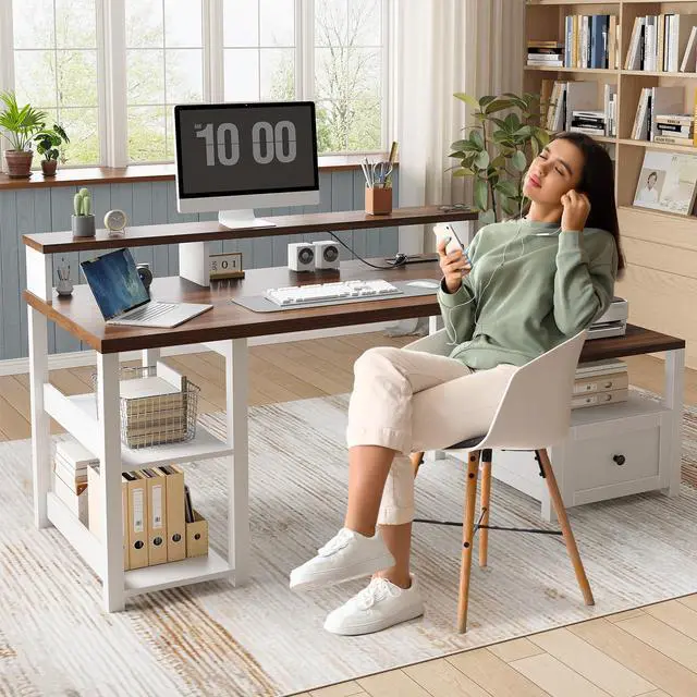 Alt view image 3 of 6 - 60.4" Home Office Desk with Power Outlet & Printer Shelf, Computer Desk with LED Light, Monitor Stand, Drawer & Storage Shelves, Farmhouse Study Desk for Bedroom & Dorm, White