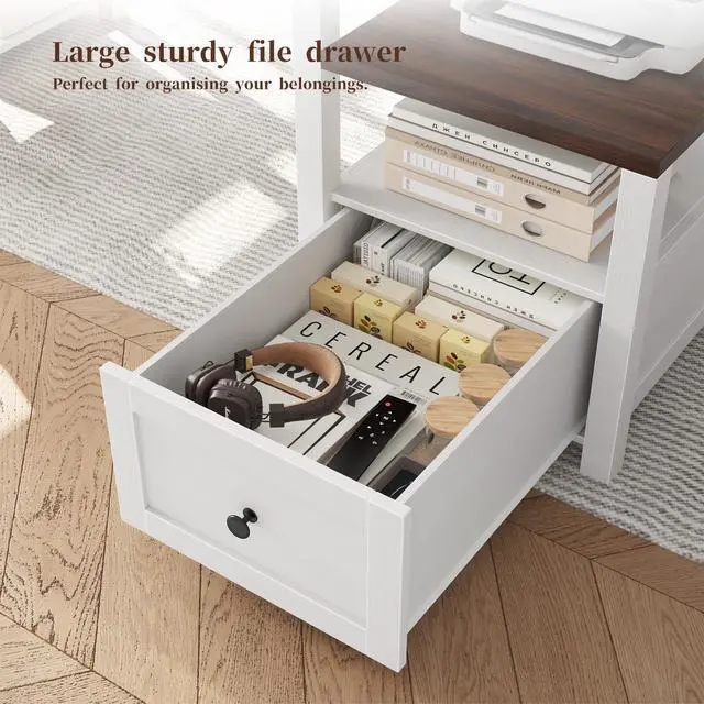 Alt view image 5 of 6 - 60.4" Home Office Desk with Power Outlet & Printer Shelf, Computer Desk with LED Light, Monitor Stand, Drawer & Storage Shelves, Farmhouse Study Desk for Bedroom & Dorm, White