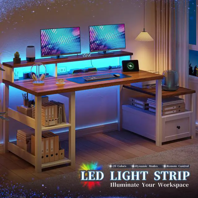 Alt view image 6 of 6 - 60.4" Home Office Desk with Power Outlet & Printer Shelf, Computer Desk with LED Light, Monitor Stand, Drawer & Storage Shelves, Farmhouse Study Desk for Bedroom & Dorm, White