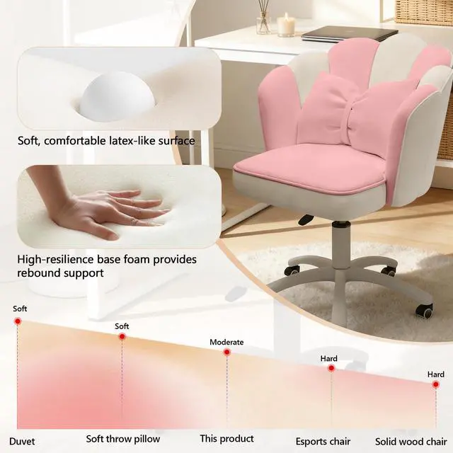 Alt view image 3 of 6 - Home Office Desk Chair Swivel Rolling Vanity Chair with Silent Wheels and Comfortable Back, Adjustable Height Upholstered Computer Task Chair for Makeup, Bedroom