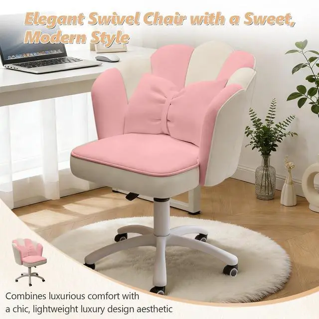 Alt view image 4 of 6 - Home Office Desk Chair Swivel Rolling Vanity Chair with Silent Wheels and Comfortable Back, Adjustable Height Upholstered Computer Task Chair for Makeup, Bedroom
