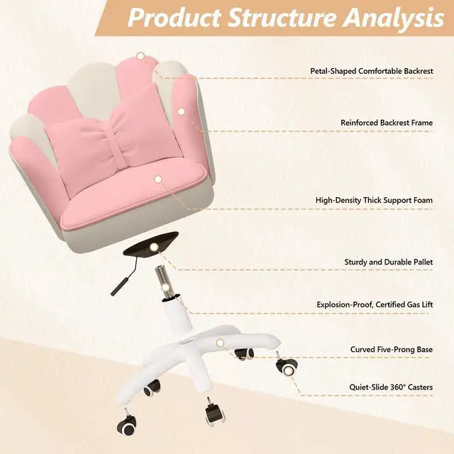 Alt view image 6 of 6 - Home Office Desk Chair Swivel Rolling Vanity Chair with Silent Wheels and Comfortable Back, Adjustable Height Upholstered Computer Task Chair for Makeup, Bedroom