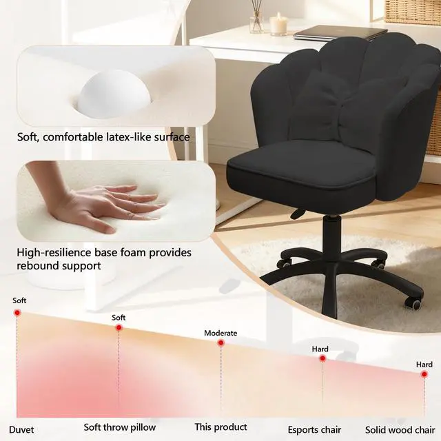 Alt view image 3 of 6 - Home Office Desk Chair Swivel Rolling Vanity Chair with Silent Wheels and Comfortable Back, Adjustable Height Upholstered Computer Task Chair for Makeup, Bedroom