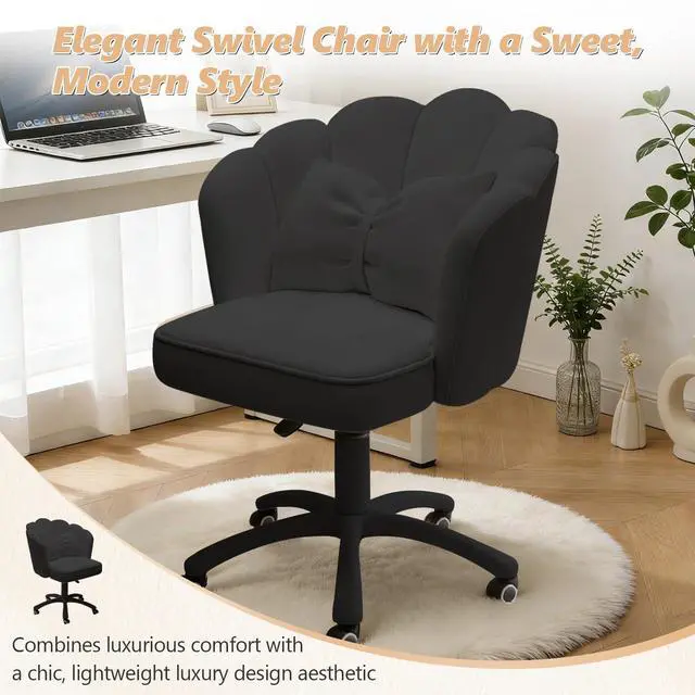 Alt view image 4 of 6 - Home Office Desk Chair Swivel Rolling Vanity Chair with Silent Wheels and Comfortable Back, Adjustable Height Upholstered Computer Task Chair for Makeup, Bedroom