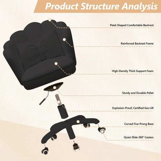 Alt view image 6 of 6 - Home Office Desk Chair Swivel Rolling Vanity Chair with Silent Wheels and Comfortable Back, Adjustable Height Upholstered Computer Task Chair for Makeup, Bedroom