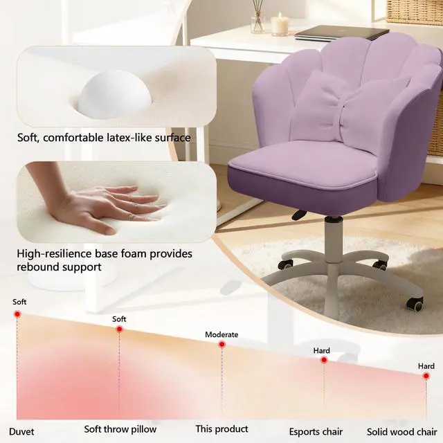 Alt view image 3 of 6 - Home Office Desk Chair Swivel Rolling Vanity Chair with Silent Wheels and Comfortable Back, Adjustable Height Upholstered Computer Task Chair for Makeup, Bedroom