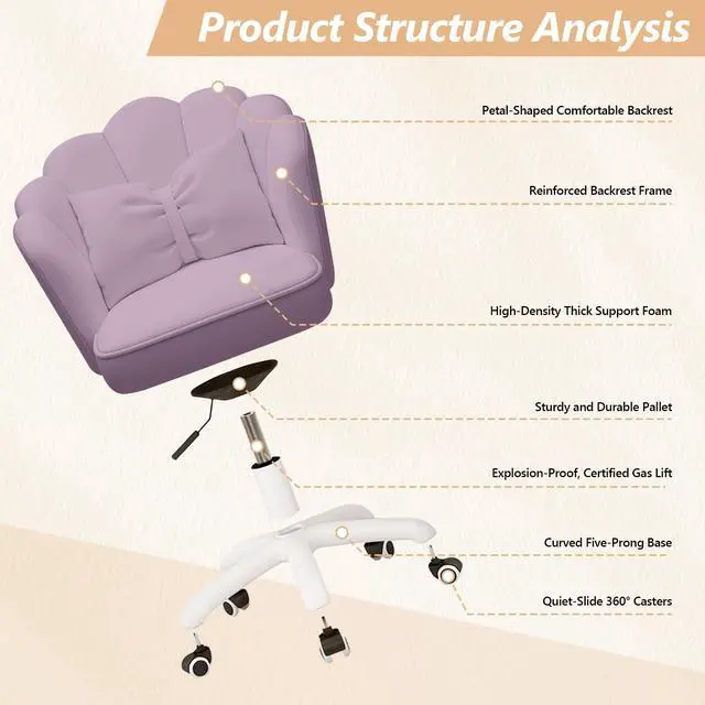 Alt view image 6 of 6 - Home Office Desk Chair Swivel Rolling Vanity Chair with Silent Wheels and Comfortable Back, Adjustable Height Upholstered Computer Task Chair for Makeup, Bedroom