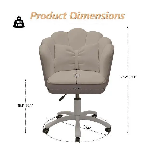 Alt view image 2 of 6 - Home Office Desk Chair Swivel Rolling Vanity Chair with Silent Wheels and Comfortable Back, Adjustable Height Upholstered Computer Task Chair for Makeup, Bedroom