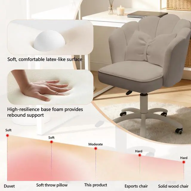 Alt view image 3 of 6 - Home Office Desk Chair Swivel Rolling Vanity Chair with Silent Wheels and Comfortable Back, Adjustable Height Upholstered Computer Task Chair for Makeup, Bedroom