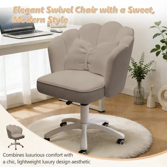Alt view image 4 of 6 - Home Office Desk Chair Swivel Rolling Vanity Chair with Silent Wheels and Comfortable Back, Adjustable Height Upholstered Computer Task Chair for Makeup, Bedroom