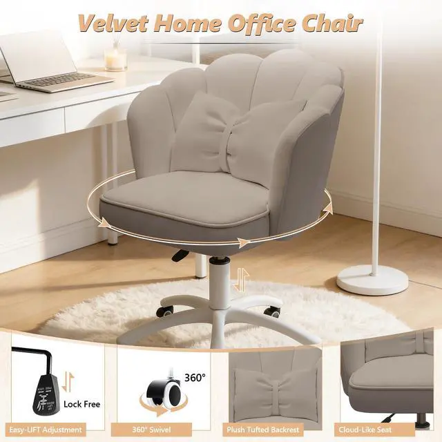 Alt view image 5 of 6 - Home Office Desk Chair Swivel Rolling Vanity Chair with Silent Wheels and Comfortable Back, Adjustable Height Upholstered Computer Task Chair for Makeup, Bedroom