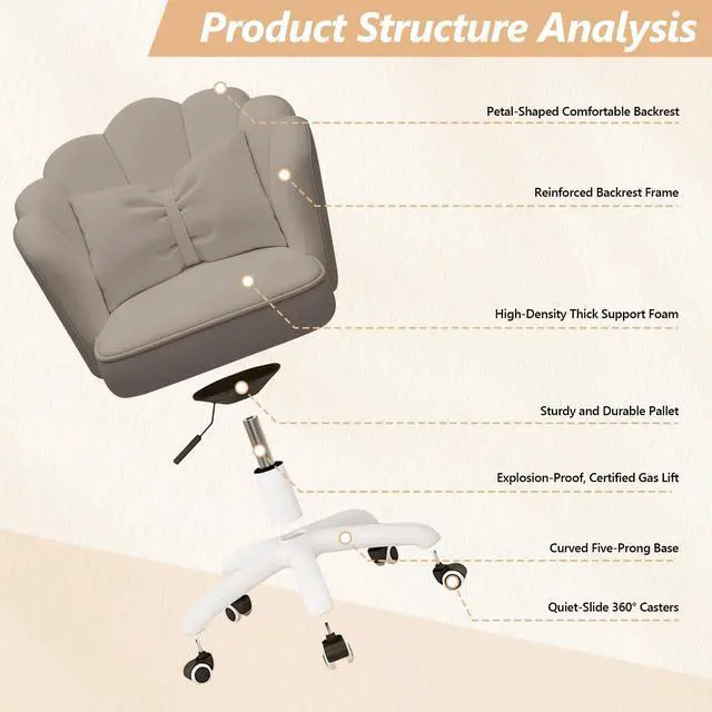 Alt view image 6 of 6 - Home Office Desk Chair Swivel Rolling Vanity Chair with Silent Wheels and Comfortable Back, Adjustable Height Upholstered Computer Task Chair for Makeup, Bedroom