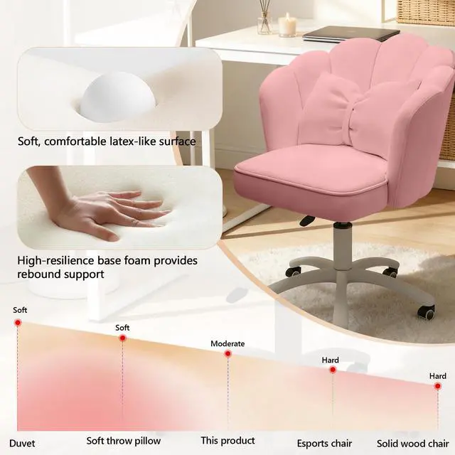 Alt view image 3 of 6 - Home Office Desk Chair Swivel Rolling Vanity Chair with Silent Wheels and Comfortable Back, Adjustable Height Upholstered Computer Task Chair for Makeup, Bedroom