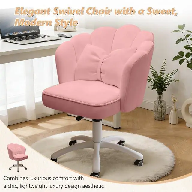 Alt view image 4 of 6 - Home Office Desk Chair Swivel Rolling Vanity Chair with Silent Wheels and Comfortable Back, Adjustable Height Upholstered Computer Task Chair for Makeup, Bedroom