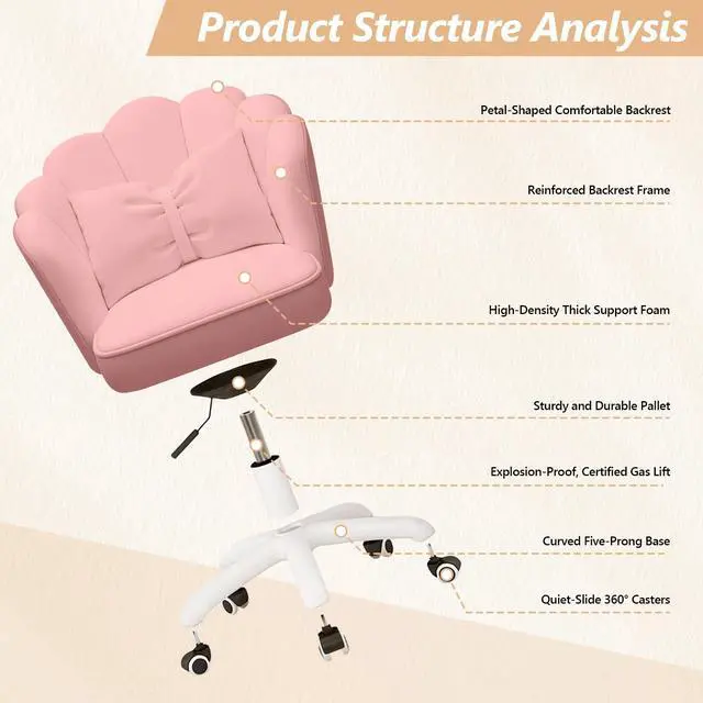 Alt view image 6 of 6 - Home Office Desk Chair Swivel Rolling Vanity Chair with Silent Wheels and Comfortable Back, Adjustable Height Upholstered Computer Task Chair for Makeup, Bedroom